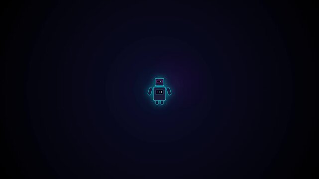 Neon robot icon outlined in blue and pink on dark background