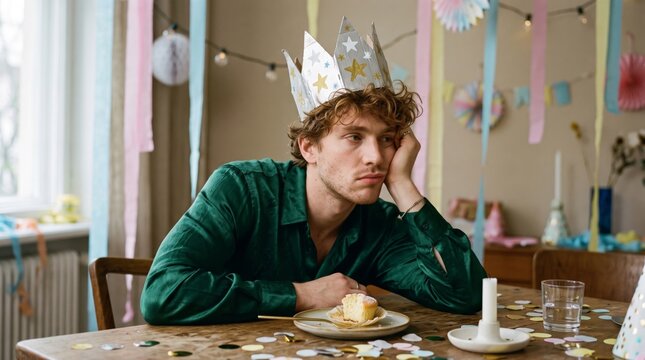 Bored young man wearing a paper crown sits alone after a party, showing loneliness, fatigue and social burnout