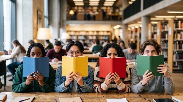 Four diverse university students smile behind colorful books while studying together in a modern library