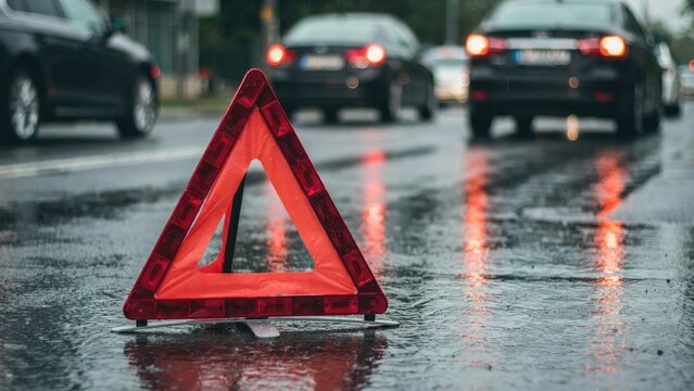 Red emergency warning triangle on a wet asphalt road with blurred cars