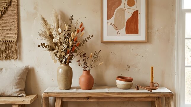 Bohemian style interior with dried flower bouquet in ceramic vases on a rustic wooden console table