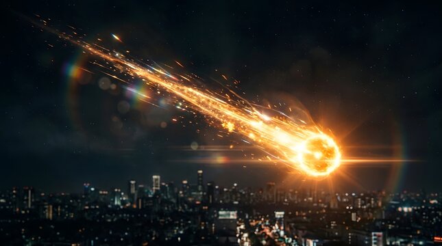 A bright glowing meteor or asteroid falling from the night sky towards a dark city landscape below