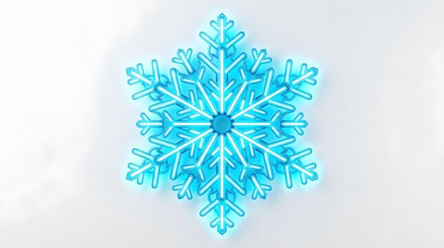 A single intricate glowing blue snowflake isolated on a soft white background for winter holiday design