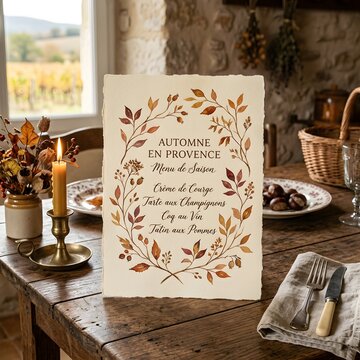 A rustic autumn wedding menu card placed on a wooden table with candles and fall decorations