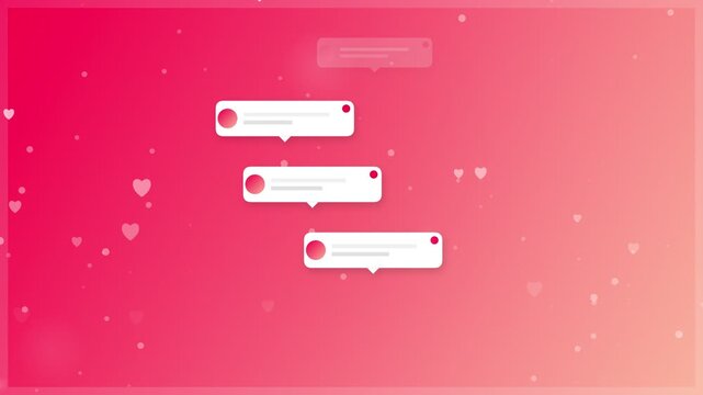 Social media chat bubbles with floating hearts on pink gradient background.