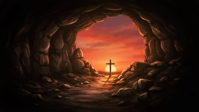 Christian cross standing in a cave entrance at sunset