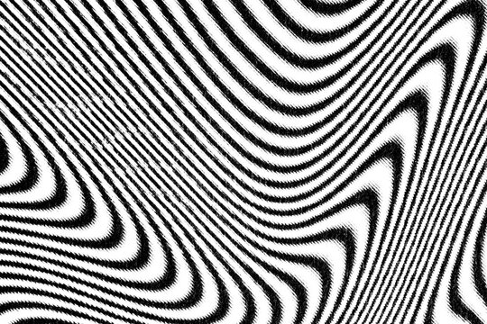 Fine parallel lines curve and compress into a flowing monochrome optical pattern with printed grain.