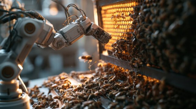 A small robotic arm removes and scans a honeycomb frame in a modern apiary while bees are active around it, showcasing technology and nature.