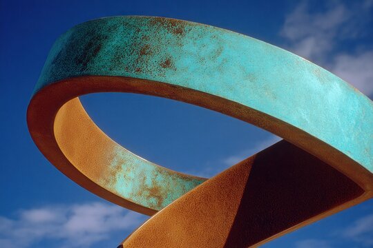 The scene shows a large sculpture with copper and rust colors placed outdoors against a blue sky with clouds
