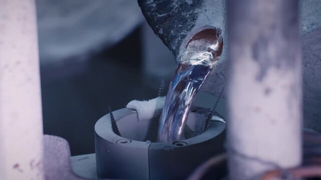 Closeup weathered pipe fitting and clamp in dim workshop under cool blue lighting, revealing industrial fabrication textures and precision machining details