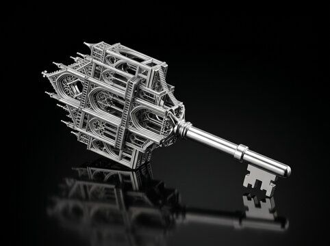 Ornate silver cathedral key with gothic architecture structure on black background