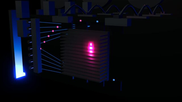 Enterprise high-performance AI compute hardware visualization showcasing GPU accelerators, memory architecture, high-speed interconnect backplane, and physical data routing.