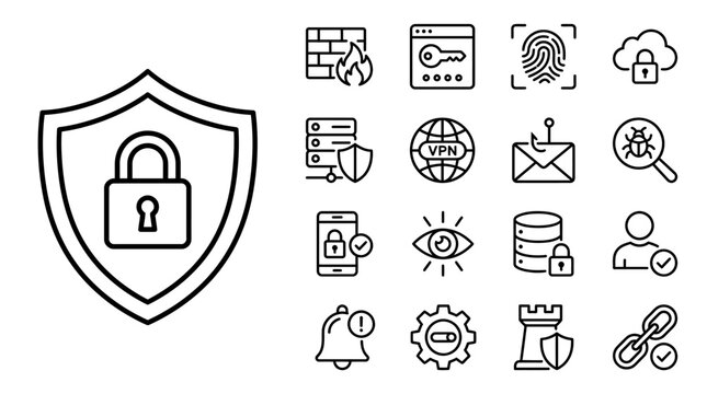 Data protection shield with a secure padlock icon accompanied by various cybersecurity and network defense symbols.