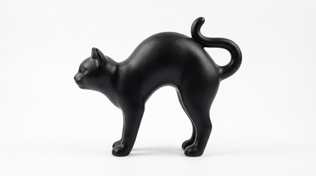 Matte black ceramic cat figurine with arched back and curled tail on a white background