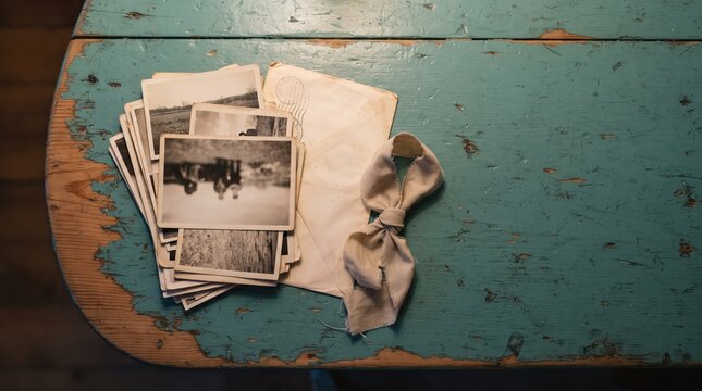 A collection of vintage photographs rests on a weathered blue table. Tied together with a simple ribbon, these images evoke fond memories and stories from a past era, inviting reflection.