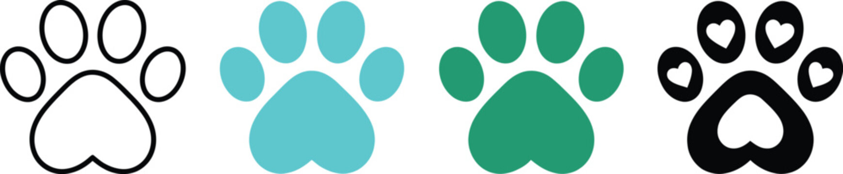 A collection of four diverse animal paw print icons featuring different artistic styles including outline solid teal solid green and hand drawn black textures
