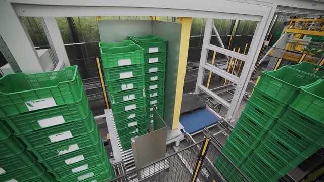 High-angle industrial warehouse view showing stacked green crates on multi level metal racks, overhead beams and machinery, and organized inventory in clean storage aisle