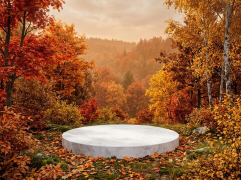 Autumn forest scene with marble platform for product display , Fall And Autumn Season, Halloween, Thanksgiving