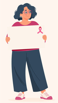 Illustration vectorielle d&rsquo;une femme tenant une pancarte vierge orn&eacute;e d&rsquo;un ruban rose, symbole de sensibilisation au cancer du sein. Une composition avec espace pour texte adapt&eacute;e &agrave; Octobre Rose 