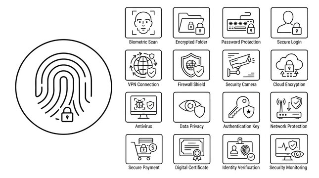 Fingerprint security symbol with a padlock paired with an array of cybersecurity and data protection icons.