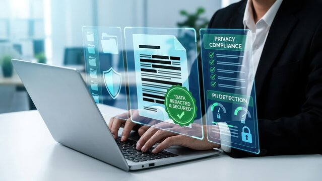 Businessman using a laptop with holographic data privacy compliance and pii detection interface for secure document management in office