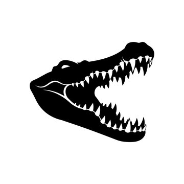 Black silhouette of an alligator head with open jaws and sharp teeth.
