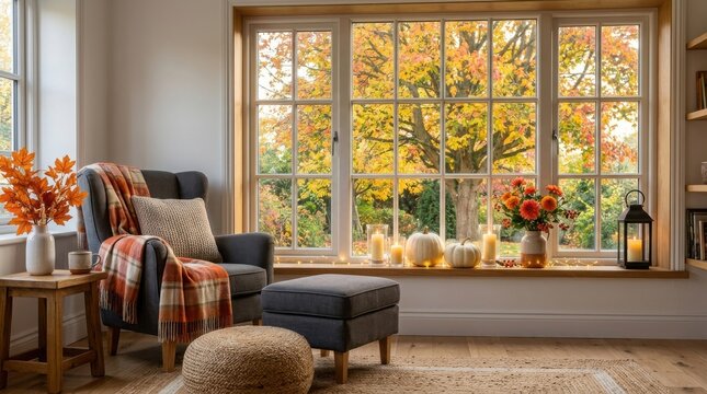 Cozy autumn living room with colorful foliage outside window , Fall And Autumn Season, Halloween, Thanksgiving