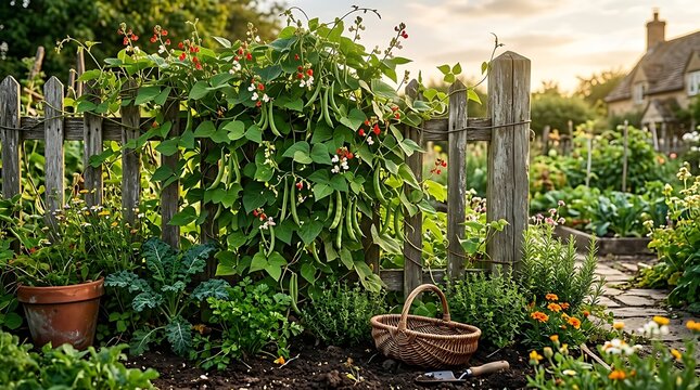 A lush green beanstalk vine climbing wooden fence in countryside vegetable garden with harvest basket and herbs