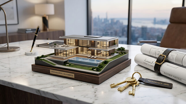 Architectural scale model with blueprints and keys on a modern office desk overlooking a city skyline
