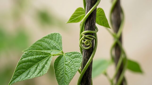 A close-up shot of a green beanstalk vine climbing and wrapping around a wooden garden stake outdoors