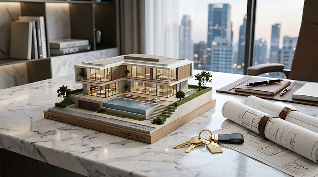 Architectural scale model of a modern building complex with blueprints and city skyline in the background