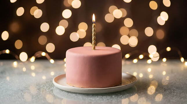 Small pink birthday cake with a single candle on a plate against warm golden bokeh