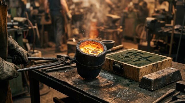 Metal casting scene with graphite crucible, sand mold, bronze ingot, tongs and glowing slag