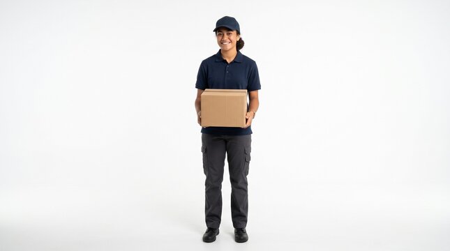 Smiling Delivery Person Holding a Cardboard Box Package in a Studio Setting