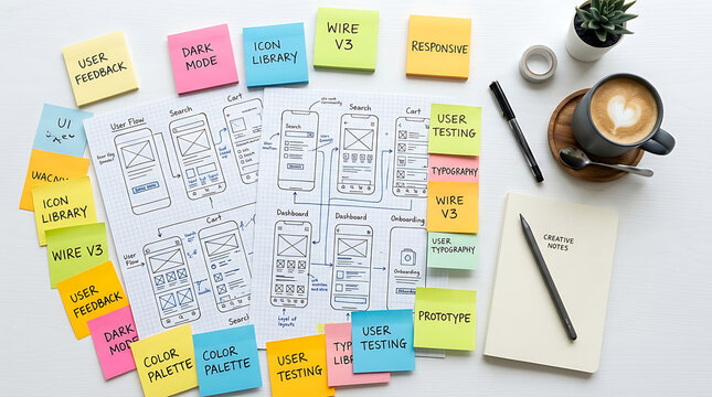 Overhead view of a UX design workspace with wireframe sketches colorful sticky notes coffee and notebook