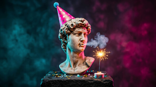 Colorful classical bust wearing a party hat and holding a lit sparkler against a dramatic neon background