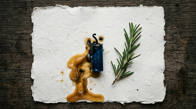 Poetic flat lay of a burnt-down birthday candle dripping golden wax on cotton paper with rosemary.
