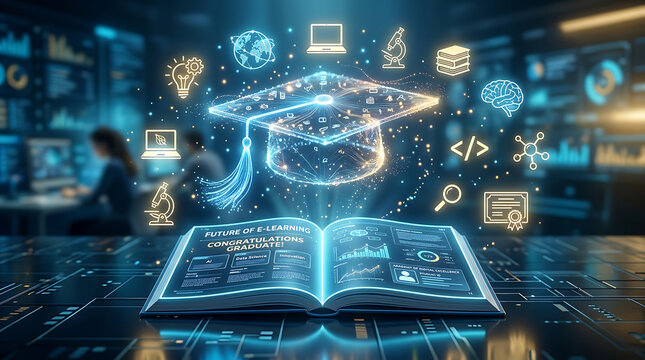 E-learning concept with a glowing digital graduation cap over an open book and knowledge icons.
