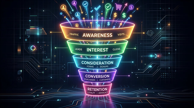 3D abstract digital marketing funnel with neon conversion icons on a dark tech background.
