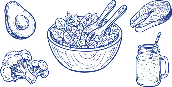 Healthy food line art vector illustration featuring salad bowl, avocado, salmon, broccoli and smoothie
