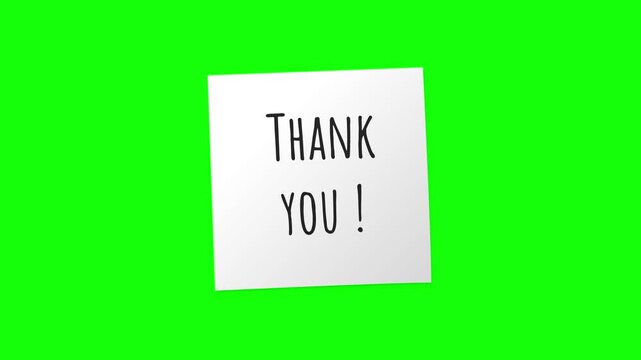 Animation of Thank You message written on white sticky note. Thank you note isolated on green screen background.
