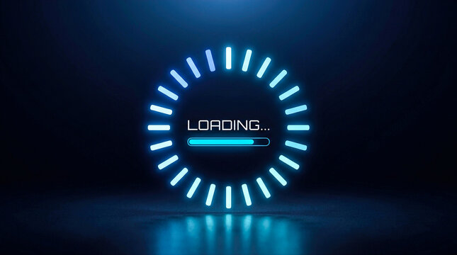 A glowing blue circular loading bar animates with a progress indicator, centered on a dark background with reflections, signifying data processing or system startup.