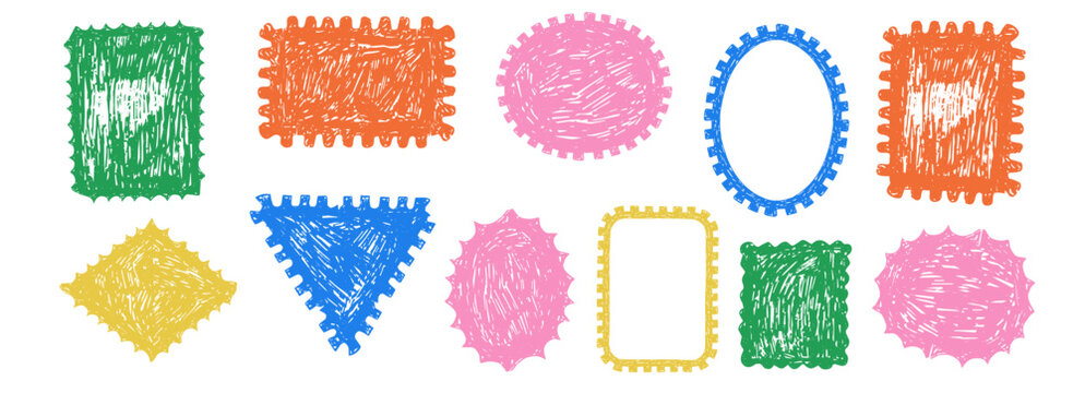 Crayon hand drawn stamp doodle and sketch drawing, Postage stamps shapes form a whimsical texture. Set borders, frames collage background. Playful pastel elements for creative projects.