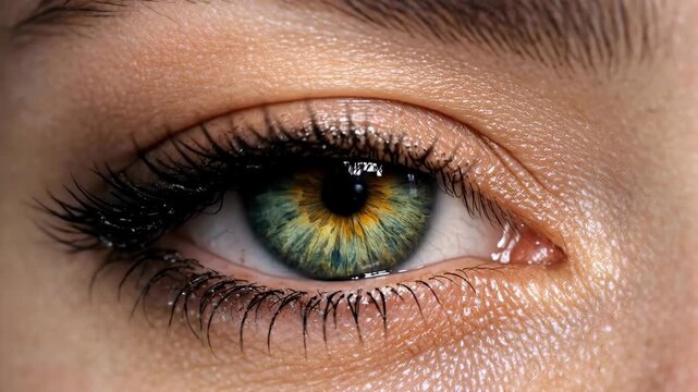 Close-up of human eye with green iris and dark lashes