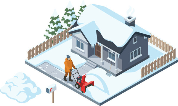 Isometric Suburban Winter House Vector Set Featuring Man Using Snow Blower Machine To Clear Path And Walkway Structures