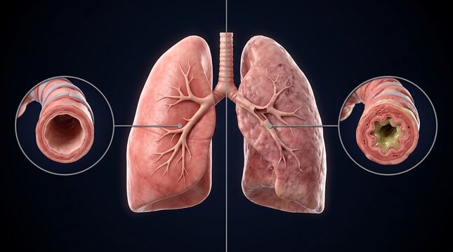 Detailed anatomical illustration comparing healthy and diseased human lungs with bronchial cross-sections showing inflammation.