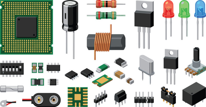 Electronic Components Vector Set Featuring Microprocessor CPU Resistors Capacitors Transistors LED Lights and Circuit Board Hardware Elements