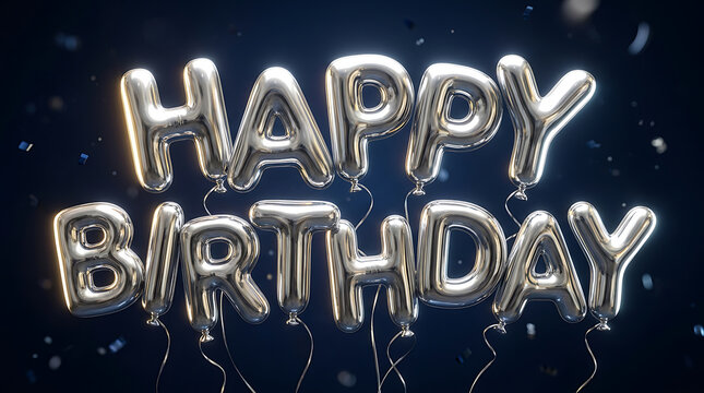 3D render of chrome liquid-mercury balloon typography spelling Happy Birthday on a midnight blue background.
