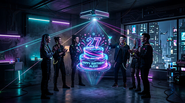 Futuristic birthday celebration with a holographic projector casting a glowing 3D cake in a tech loft.
