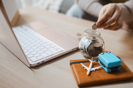 Camera depicts travel and savings and vacation and suitcase and airplane, then depicts travel and savings and vacation and suitcase and airplane in a warm soft calm bright sunlit natural gentle room.